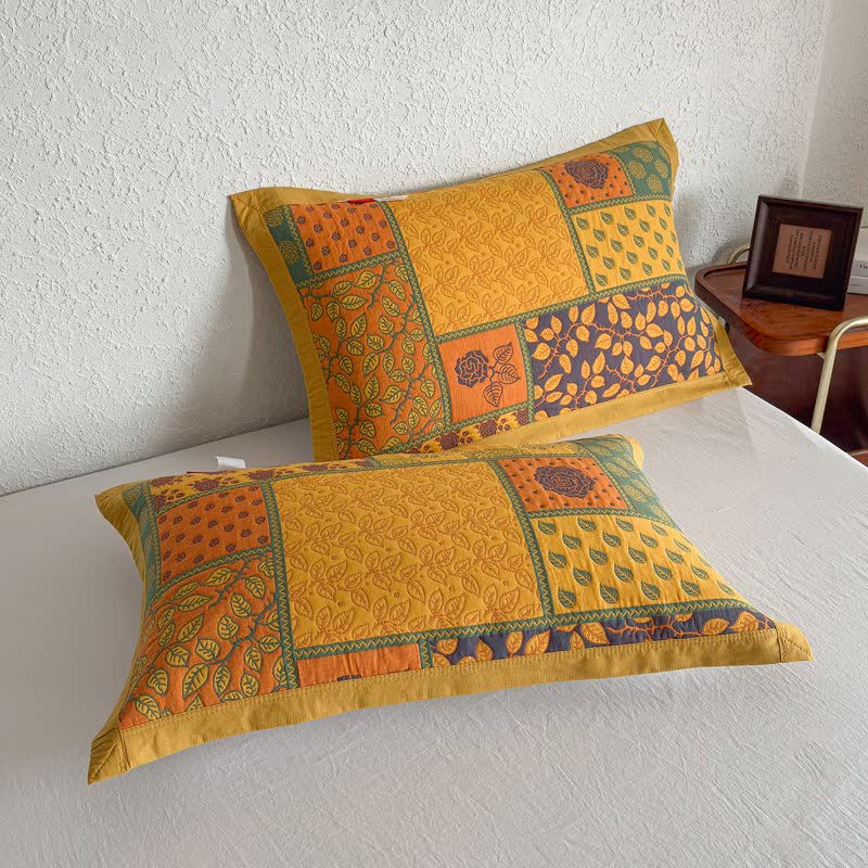 Patchwork Rose & Leaf Cotton Gauze Quilt Blanket - 2PCS Pillow Towels - 20" x 31" - image 11