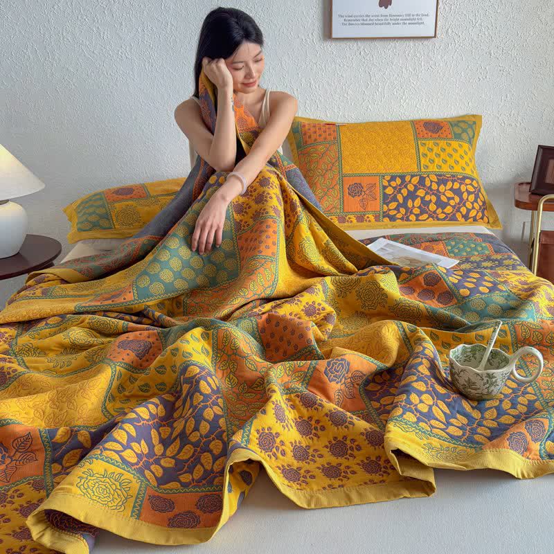 Patchwork Rose & Leaf Cotton Gauze Quilt Blanket - image 8
