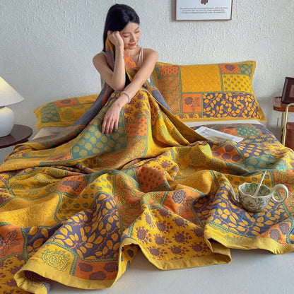 Patchwork Rose & Leaf Cotton Gauze Quilt Blanket - image 8