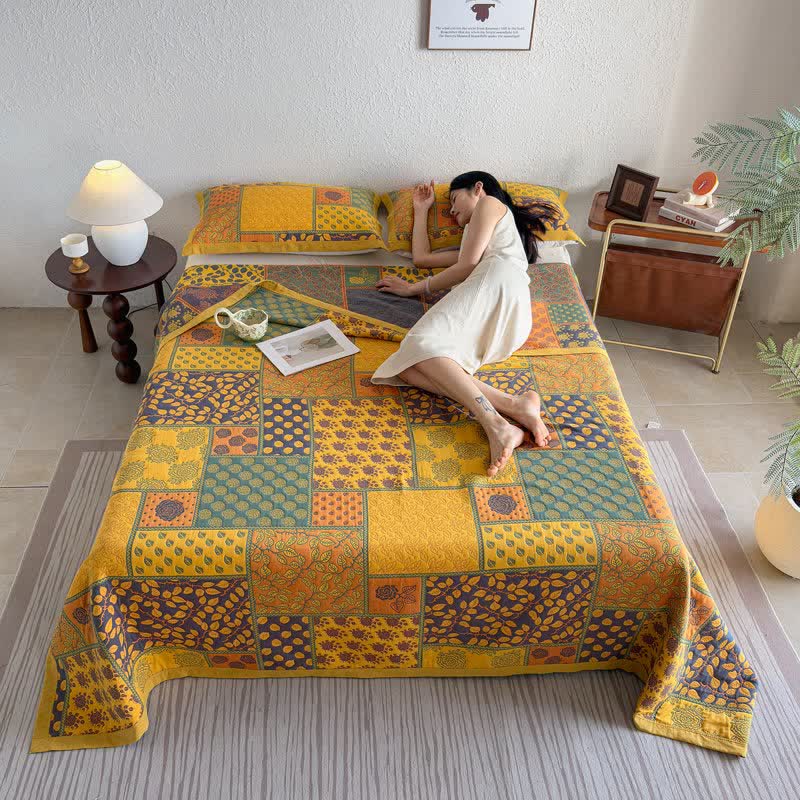 Patchwork Rose & Leaf Cotton Gauze Quilt Blanket - image 7