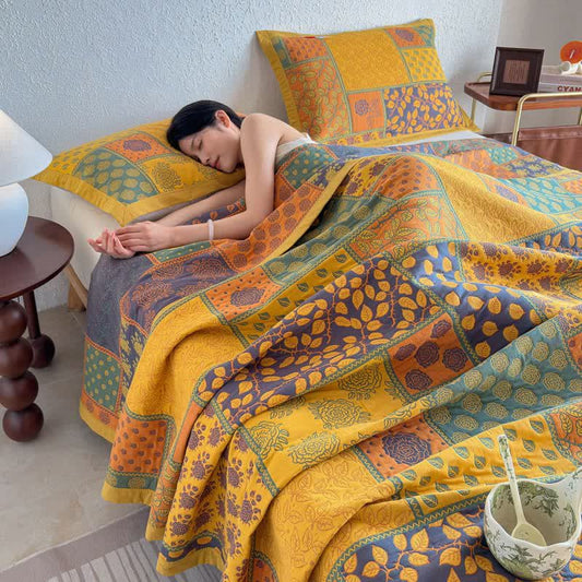 Patchwork Rose & Leaf Cotton Gauze Quilt Blanket - Quilt with 2PCS Pillow Towels - King - image 0