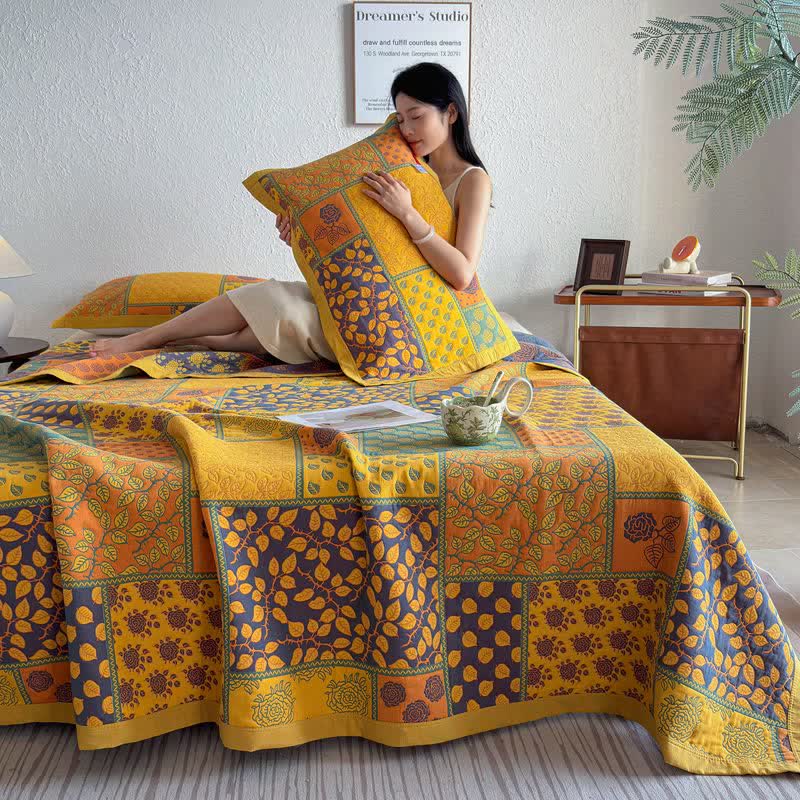 Patchwork Rose & Leaf Cotton Gauze Quilt Blanket - image 6