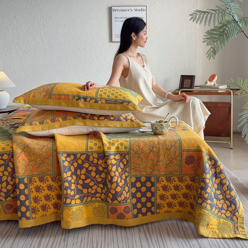 Patchwork Rose & Leaf Cotton Gauze Quilt Blanket - image 5