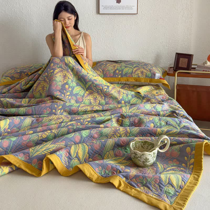 Tropical Floral & Leaf Cotton Gauze Quilt Blanket - image 10