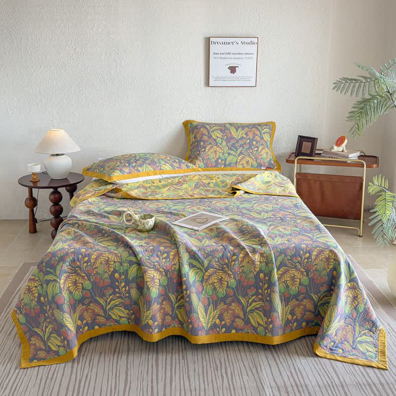Tropical Floral & Leaf Cotton Gauze Quilt Blanket - image 1