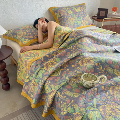 Tropical Floral & Leaf Cotton Gauze Quilt Blanket - Quilt with 2PCS Pillow Towels - King - image 0