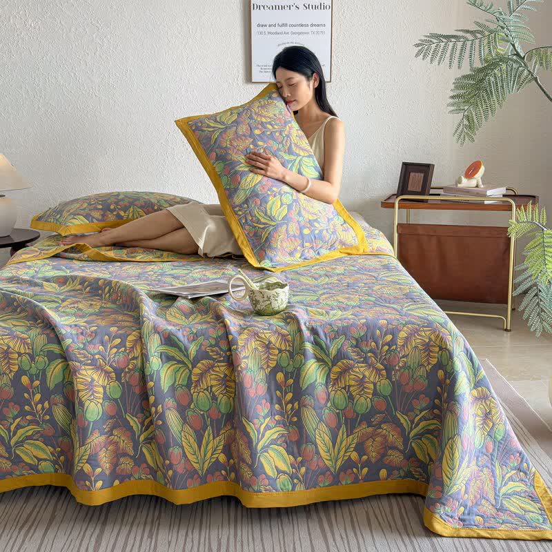 Tropical Floral & Leaf Cotton Gauze Quilt Blanket - image 5