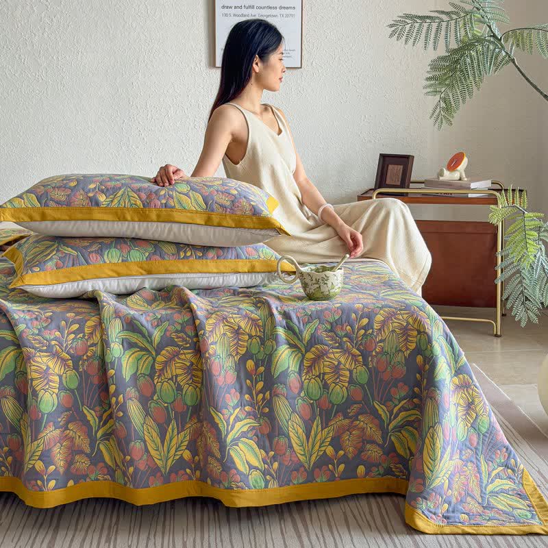 Tropical Floral & Leaf Cotton Gauze Quilt Blanket - image 7