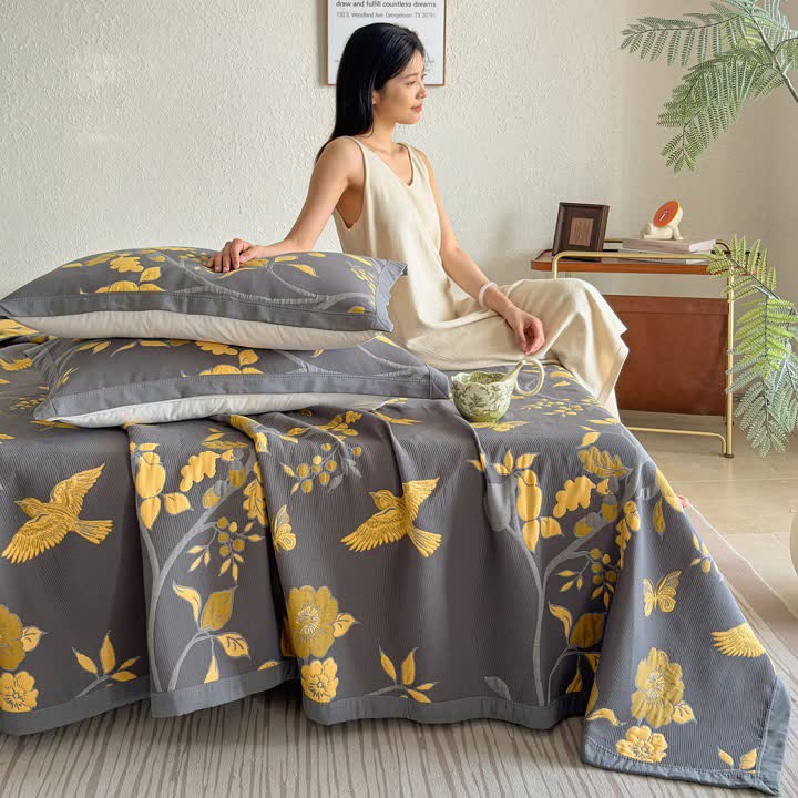 Branch & Bird Cotton Gauze Quilt Blanket - image 7