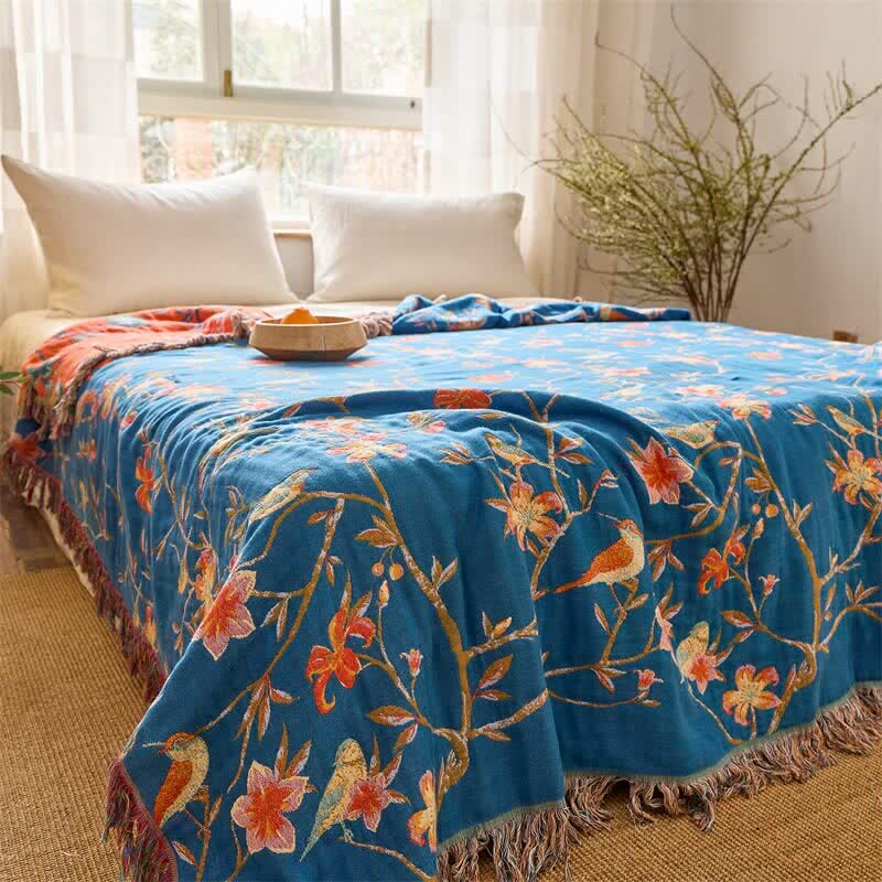 Floral & Magpie Tassel Cotton Gauze Quilt Blanket - image 1