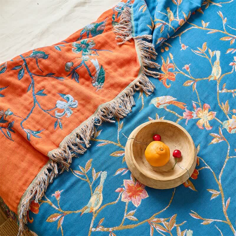 Floral & Magpie Tassel Cotton Gauze Quilt Blanket - image 3
