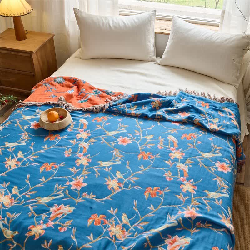 Floral & Magpie Tassel Cotton Gauze Quilt Blanket - image 2