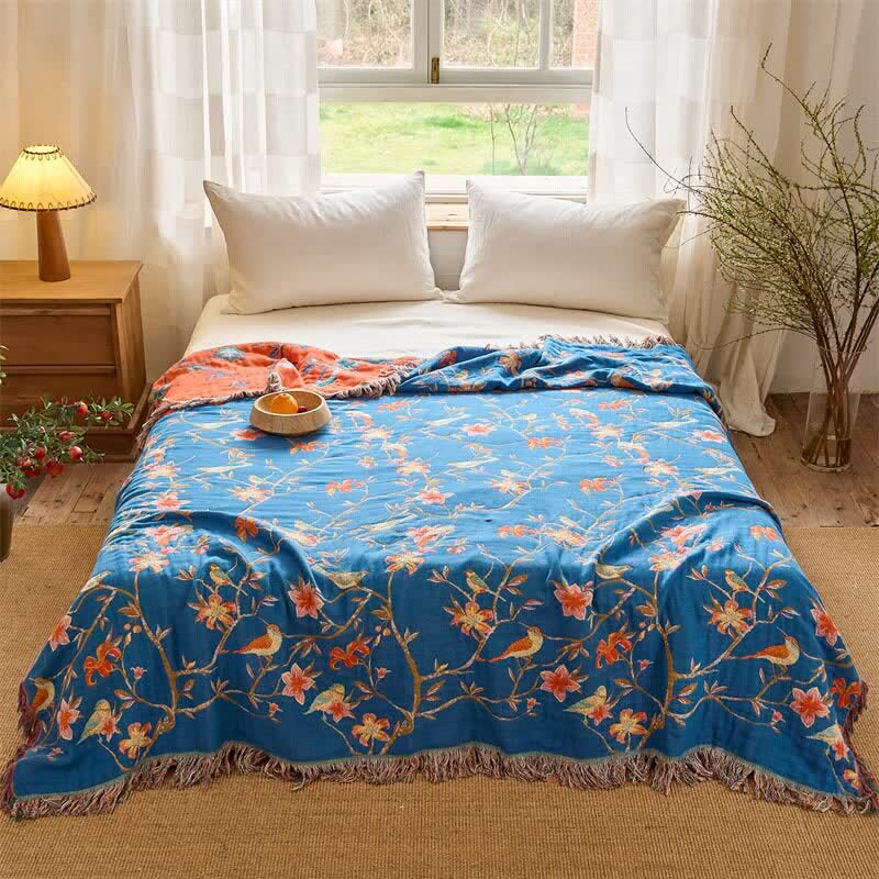 Floral & Magpie Tassel Cotton Gauze Quilt Blanket - 79"W x 90"L - image 0