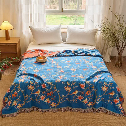 Floral & Magpie Tassel Cotton Gauze Quilt Blanket - 79"W x 90"L - image 0