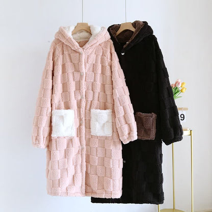Couple Matching Grid Textured Hooded Flannel Robe - image 0