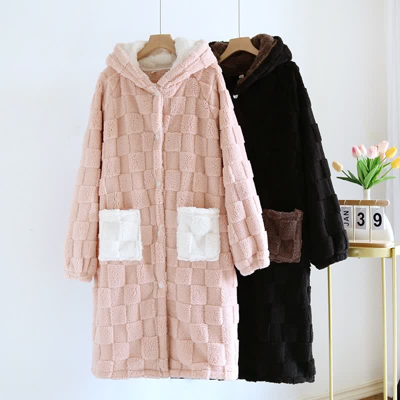 Couple Matching Grid Textured Hooded Flannel Robe - image 2