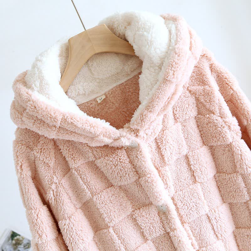 Couple Matching Grid Textured Hooded Flannel Robe - image 5