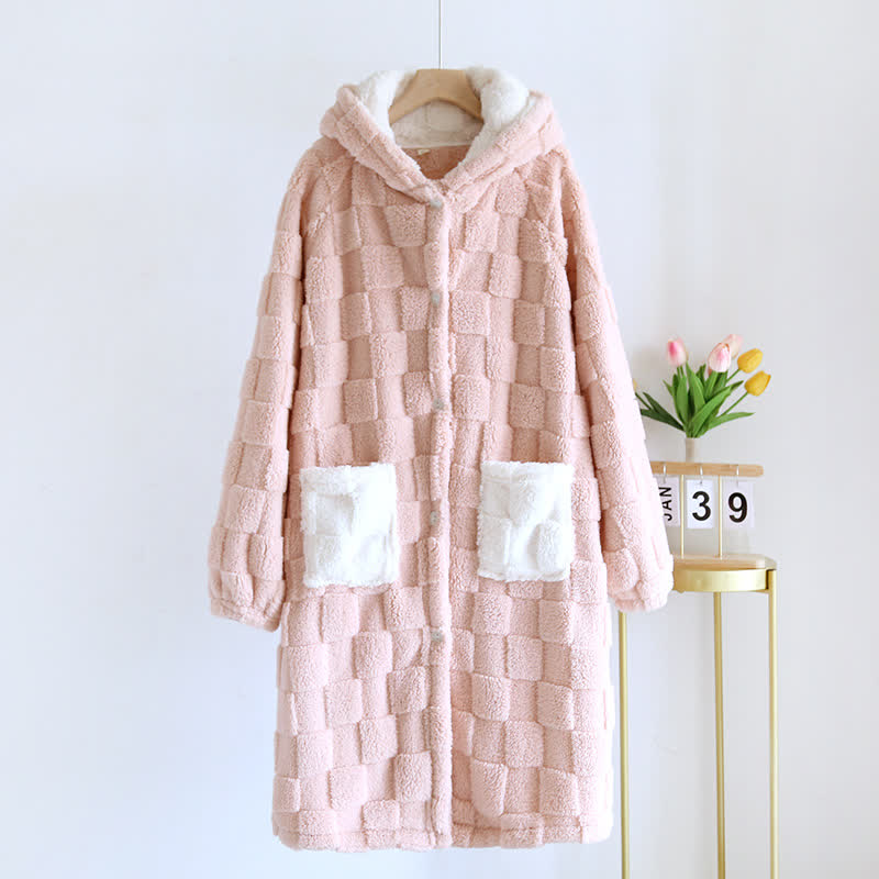 Couple Matching Grid Textured Hooded Flannel Robe - Pink - Women: L - image 3