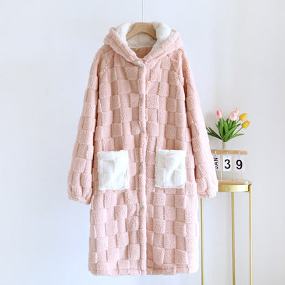 Couple Matching Grid Textured Hooded Flannel Robe - Pink - Women: L - image 3