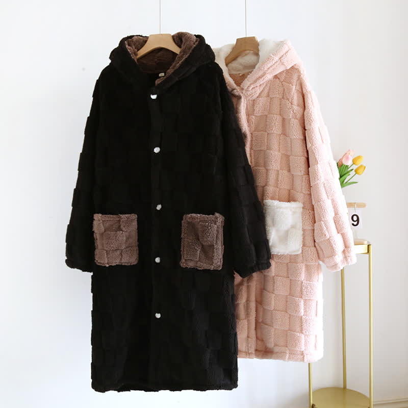 Couple Matching Grid Textured Hooded Flannel Robe - image 1
