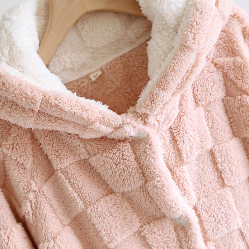 Couple Matching Grid Textured Hooded Flannel Robe - image 7