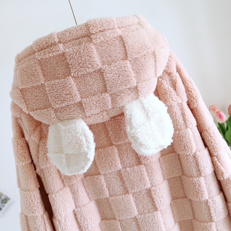 Couple Matching Grid Textured Hooded Flannel Robe - image 6