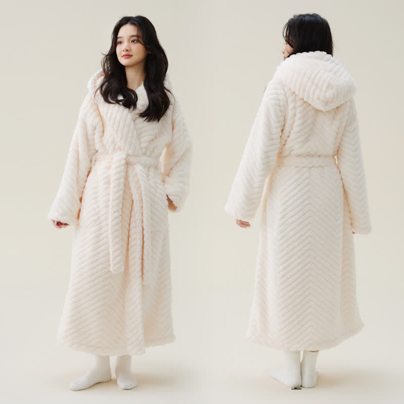 Couple Mtaching Plush Hooded Herringbone Robe - White - XL - image 5