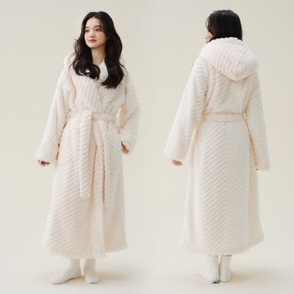 Couple Mtaching Plush Hooded Herringbone Robe - White - XL - image 5