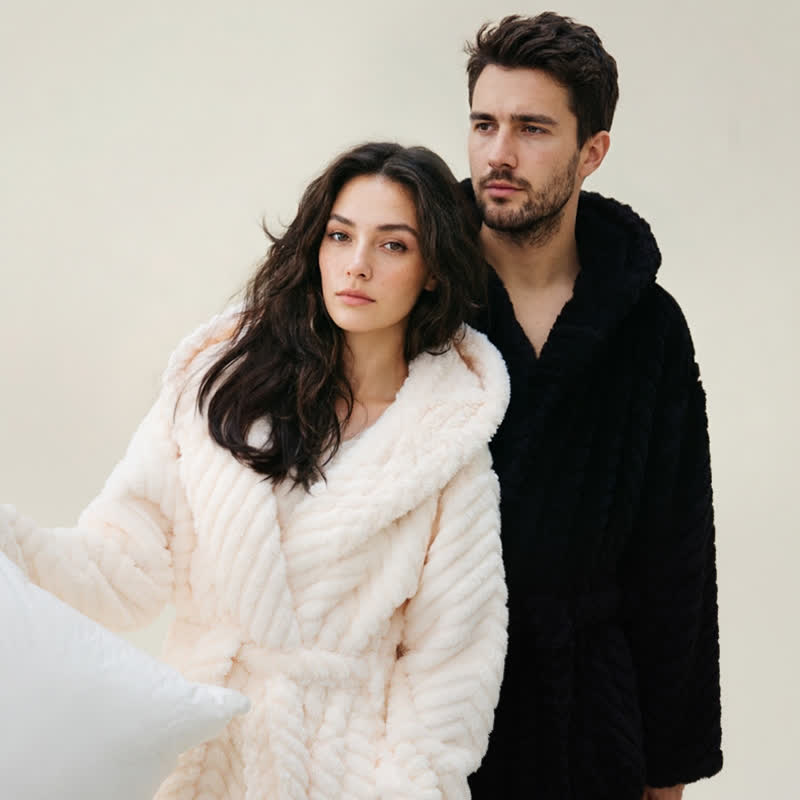 Couple Mtaching Plush Hooded Herringbone Robe - image 1