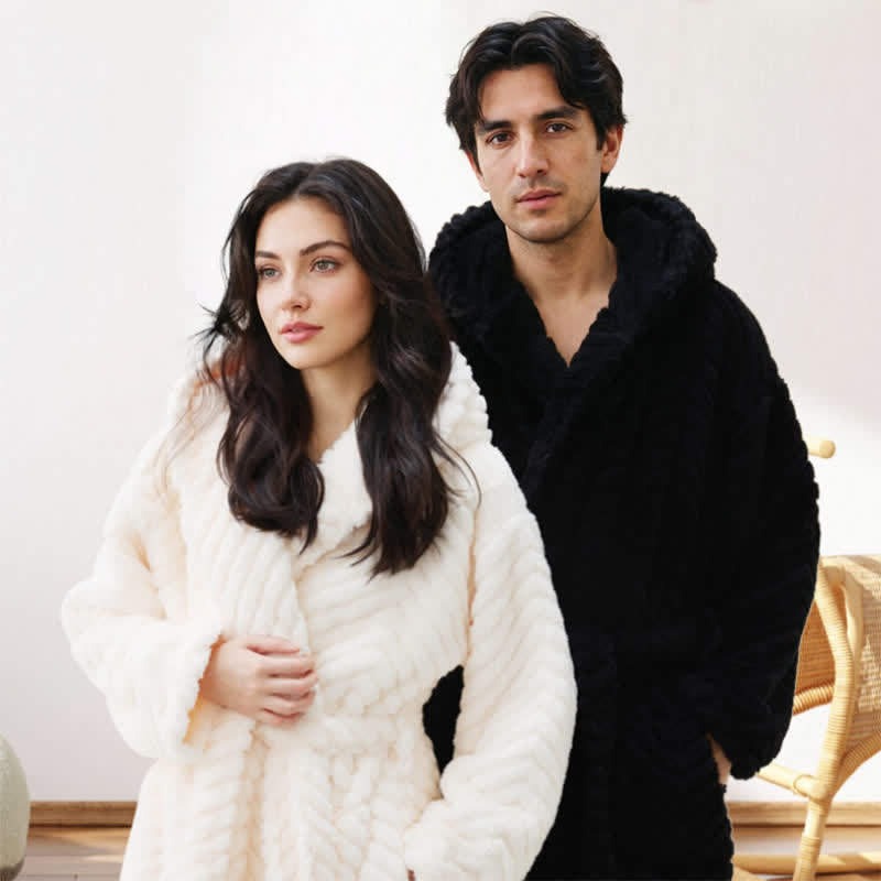 Couple Mtaching Plush Hooded Herringbone Robe - image 2
