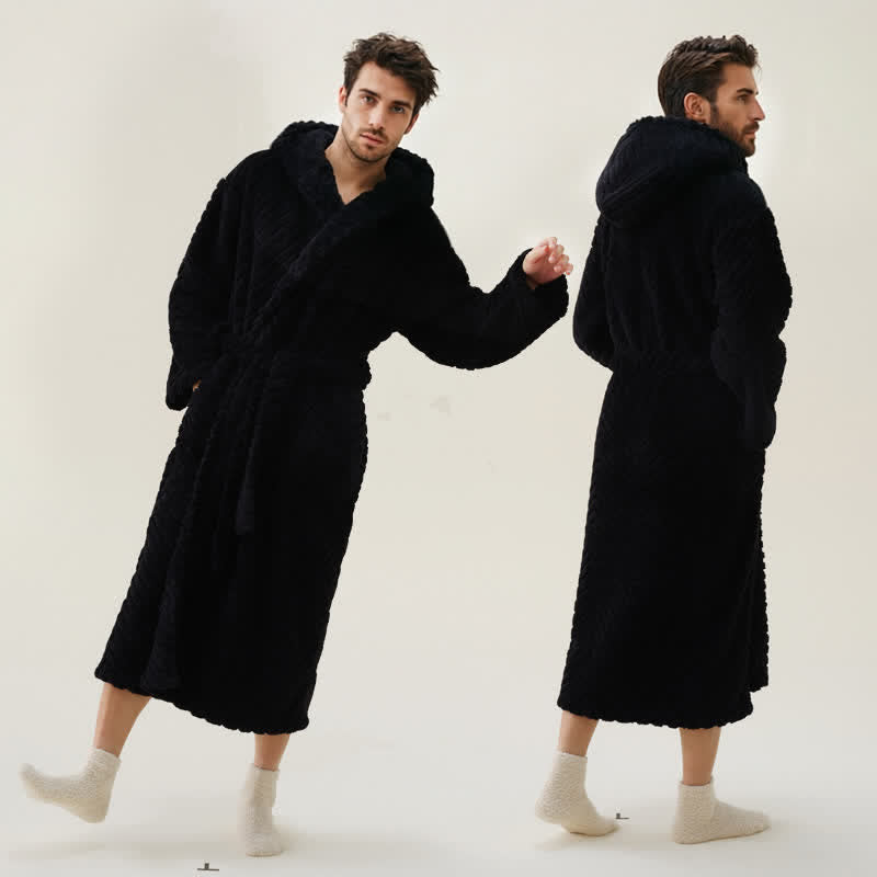 Couple Mtaching Plush Hooded Herringbone Robe - Black - 2XL - image 9