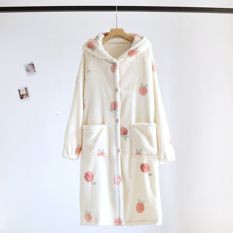 Peach Print Plush Hooded Bathrobe - Beige - L - image 0