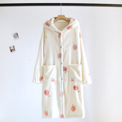 Peach Print Plush Hooded Bathrobe - Beige - L - image 0