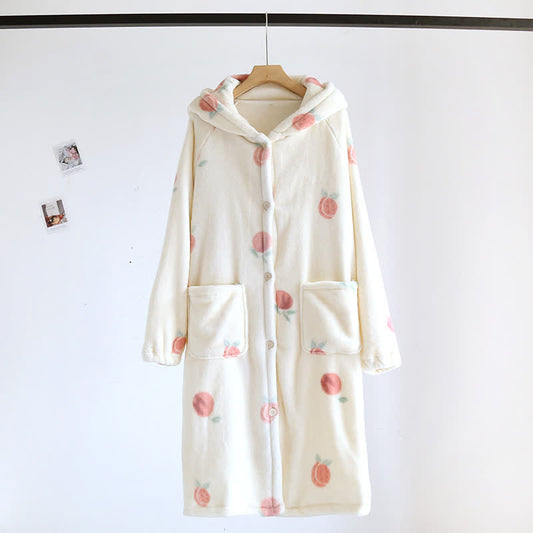 Peach Print Plush Hooded Bathrobe - Beige - L - image 0