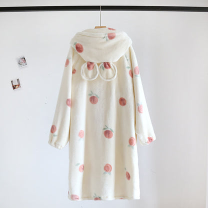 Peach Print Plush Hooded Bathrobe - image 1