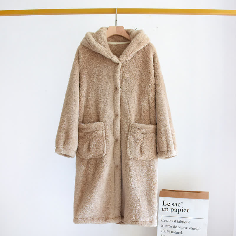 Minimalist Style Solid Color Hooded Robe - Brown - L - image 8