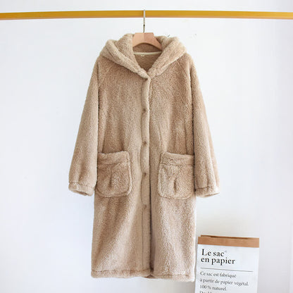 Minimalist Style Solid Color Hooded Robe - Brown - L - image 8