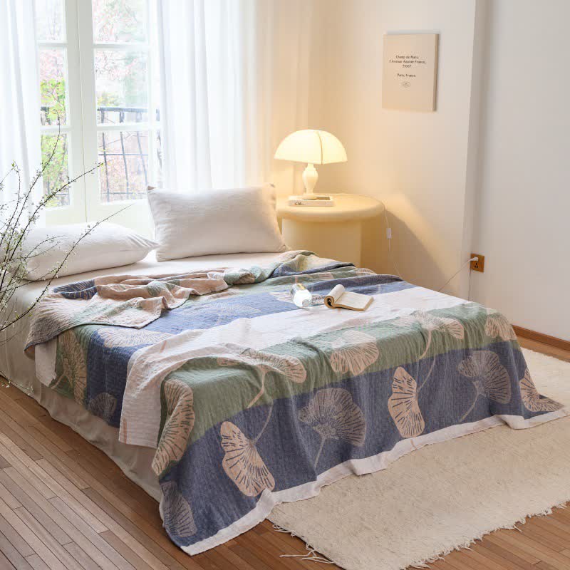 Striped Ginkgo Leaf Cotton Gauze Quilt Blanket - image 1