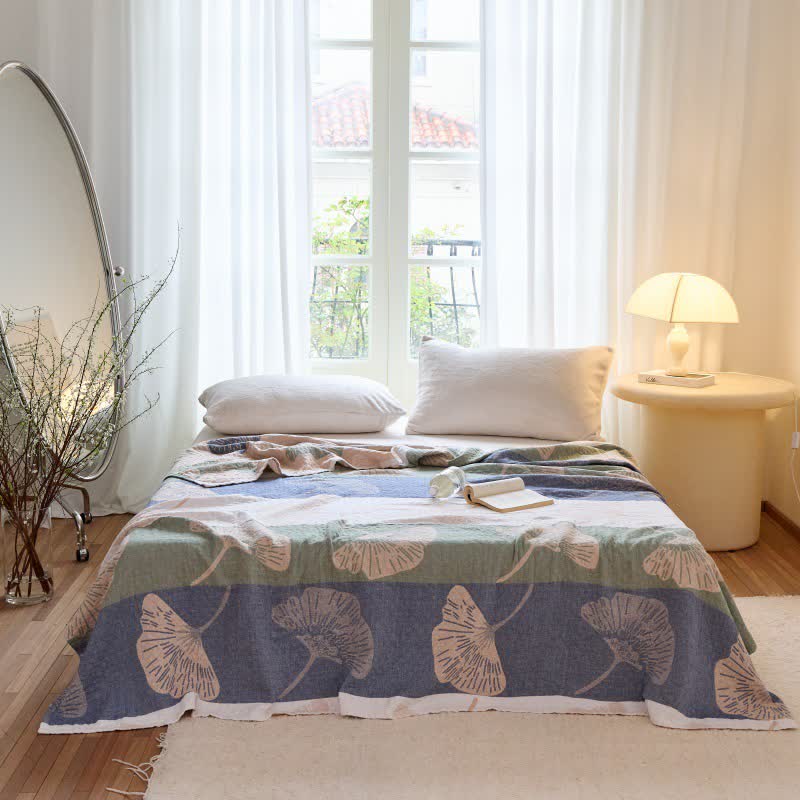 Striped Ginkgo Leaf Cotton Gauze Quilt Blanket - 79"W x 90"L - image 0