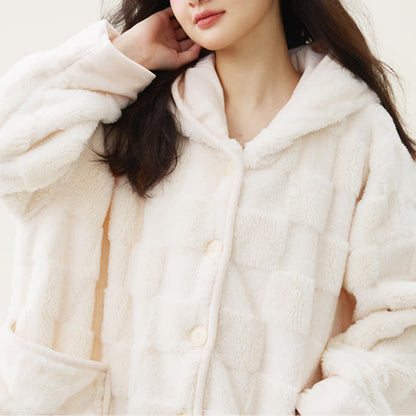 Solid Plush Checkered Texture Hooded Robe - image 3