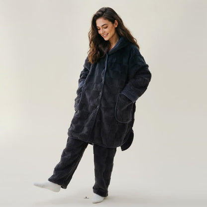 Solid Plush Checkered Texture Hooded Robe - Gray - XL - image 8