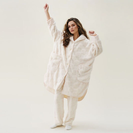 Solid Plush Checkered Texture Hooded Robe - Beige - XL - image 0