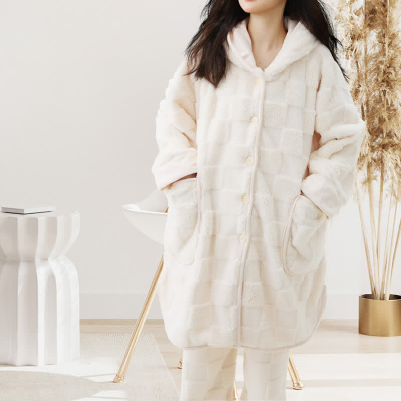 Solid Plush Checkered Texture Hooded Robe - image 1