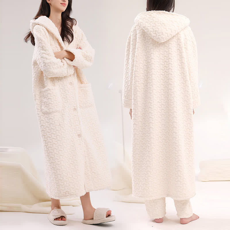 Embossed Plush Coral Fleece Hooded Robe - image 2