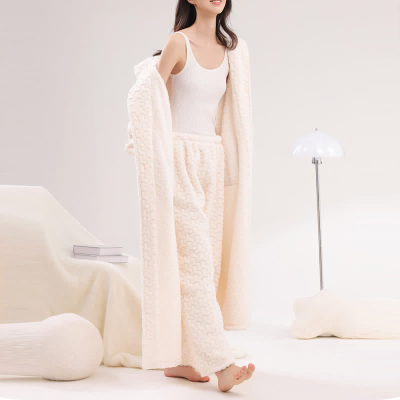 Embossed Plush Coral Fleece Hooded Robe - image 5