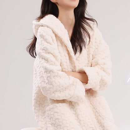 Embossed Plush Coral Fleece Hooded Robe - image 6