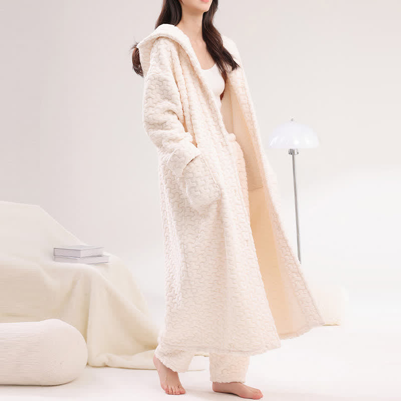 Embossed Plush Coral Fleece Hooded Robe - image 3