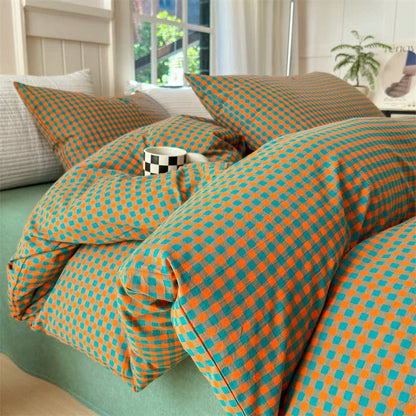 Small Check Gingham Cotton Bedding Set - Orange & Green - 2PCS Pillowcases - 19" x 29" - image 11