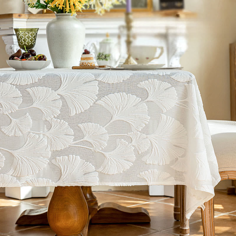 Elegant Ginkgo Leaf Jacquard Tablecloth - 55" x 102" - White - image 0