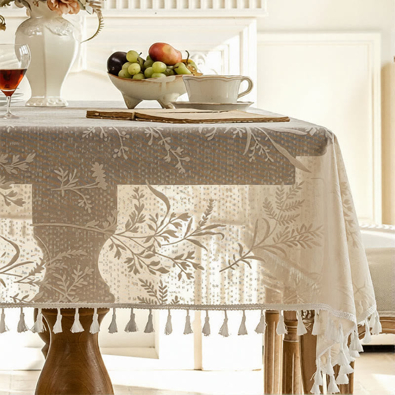Romantic Floral Leaf  Lace Tassel Tablecloth - 55" x 102" - Beige - image 3